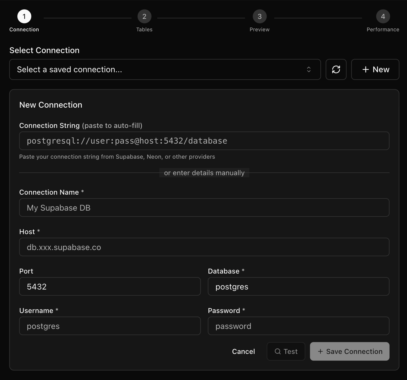 Create a new PostgreSQL connection