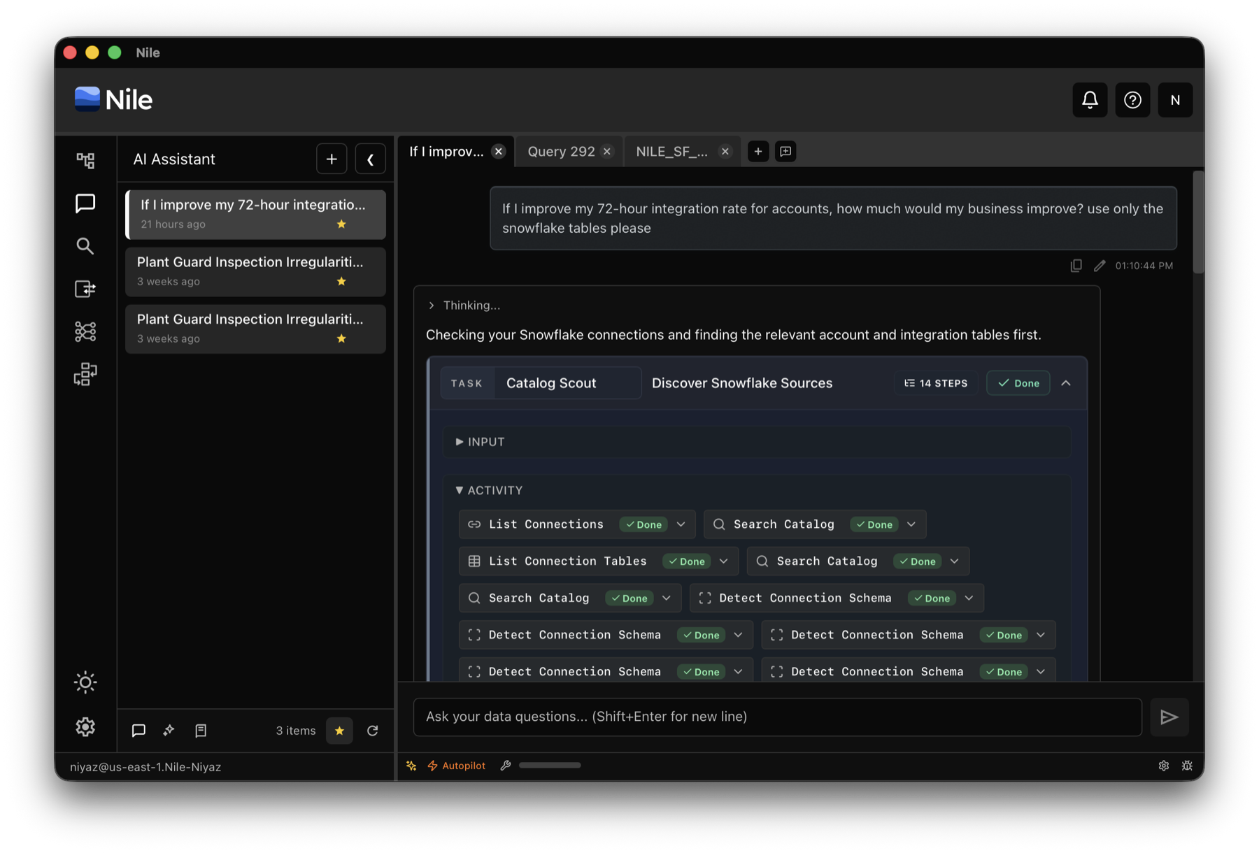 Nile AI assistant discovering Snowflake sources and checking catalog, schema, and table context before answering a business question