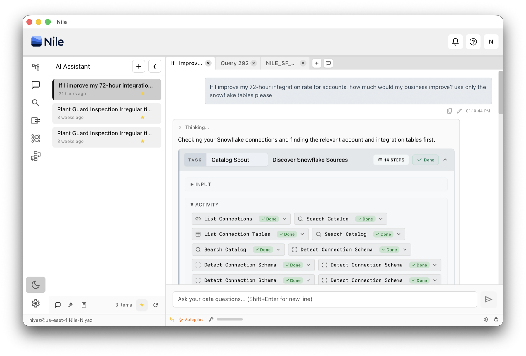 Nile AI assistant discovering Snowflake sources and checking catalog, schema, and table context before answering a business question