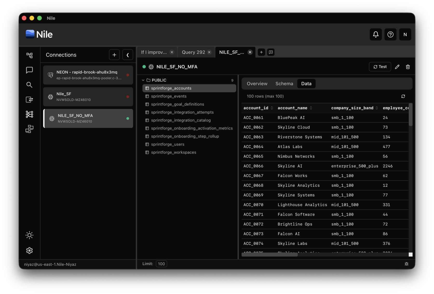 Nile Snowflake connection view showing schemas, tables, and sample data preview in light and dark themes