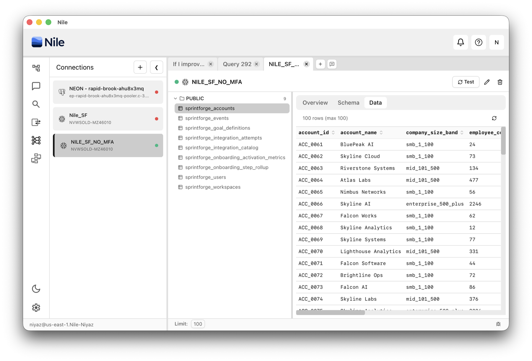 Nile Snowflake connection view showing schemas, tables, and sample data preview in light and dark themes