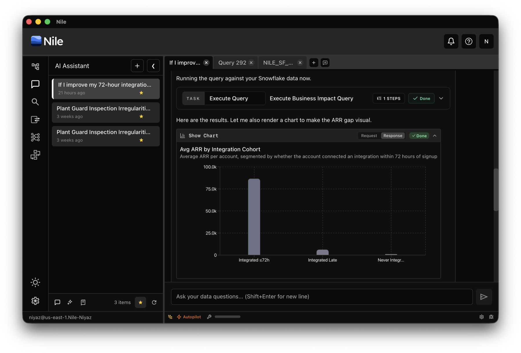 Nile AI assistant showing Snowflake query results as an ARR chart with response details in light and dark themes