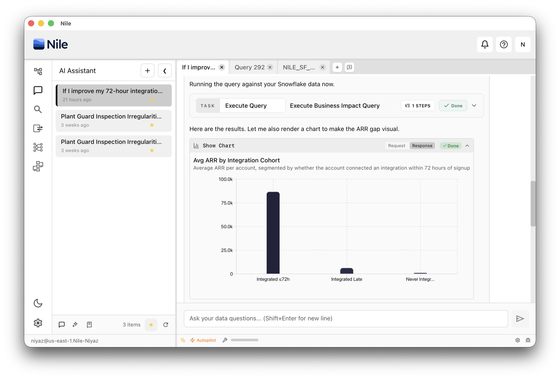 Nile AI assistant showing Snowflake query results as an ARR chart with response details in light and dark themes
